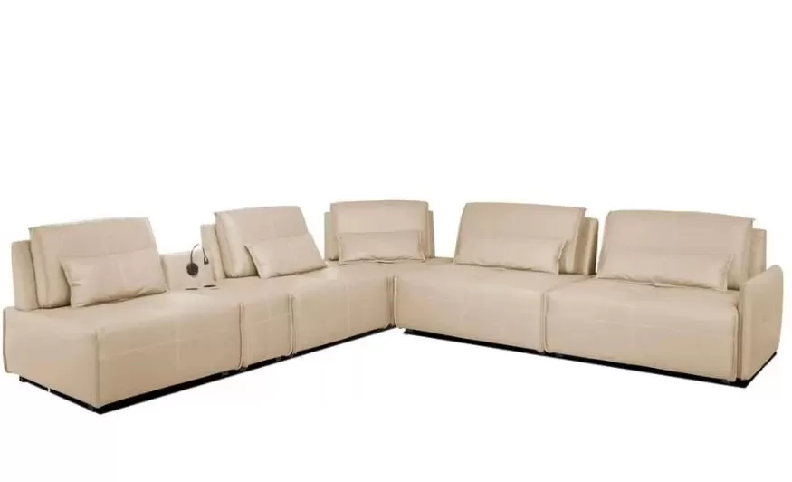 1 - Sofá de Canto Yale 5 Lugares Console com Luminária Couro Pérola - Sun House