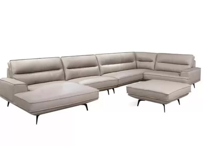 2 - Sofá Evans Canto + Chaise Com Puff Couro Pérola - Sun House