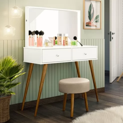 6 - Penteadeira Camarim 100% MDF com LED Espelho e 02 Gavetas Prisma Branco - Tigus