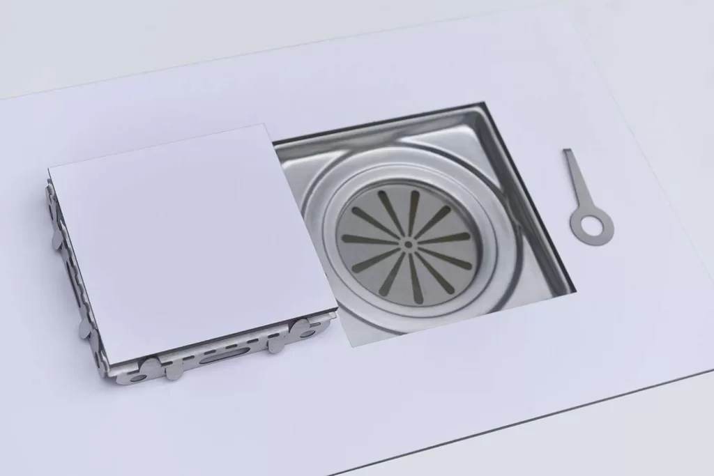 10 - Ralo Oculto 15x15 INOX 304 Saída 100 mm – M1Nox