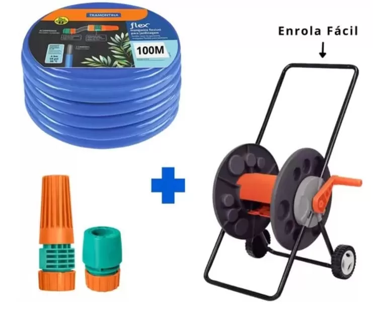 2 - Mangueira Para Jardim 100 Metro Siliconada Azul com Carrinho Enrolador - Tramontina