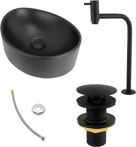 8 - Kit Cuba de Sobrepor Preto Fosco com Torneira + Válvula Click + Engate Luxo em Metal Inox - AT Atual Metais
