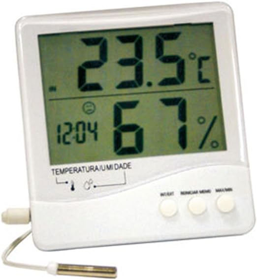 6 - Termo Higrômetro Digital - Mede Temperatura e Umidade Externa e Interna Com Sensor e Relógio - Incoterm