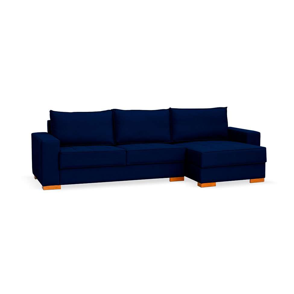 7 - Sofá 5 Lugares com Chaise Direito Maru Veludo Azul – Arvo